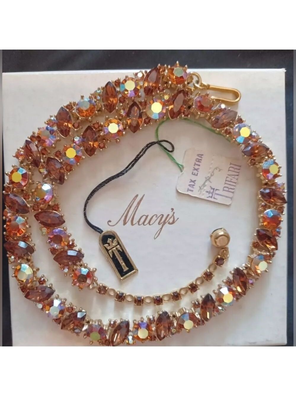 VTG SIGNED TRIFARI AB TOPAZ RHINESTONE GOLD TONE NECKLACE w/tags box 1960